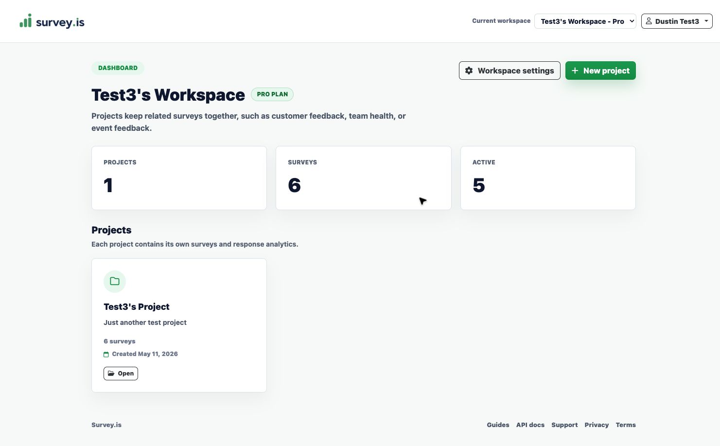 Survey.is dashboard showing a project card