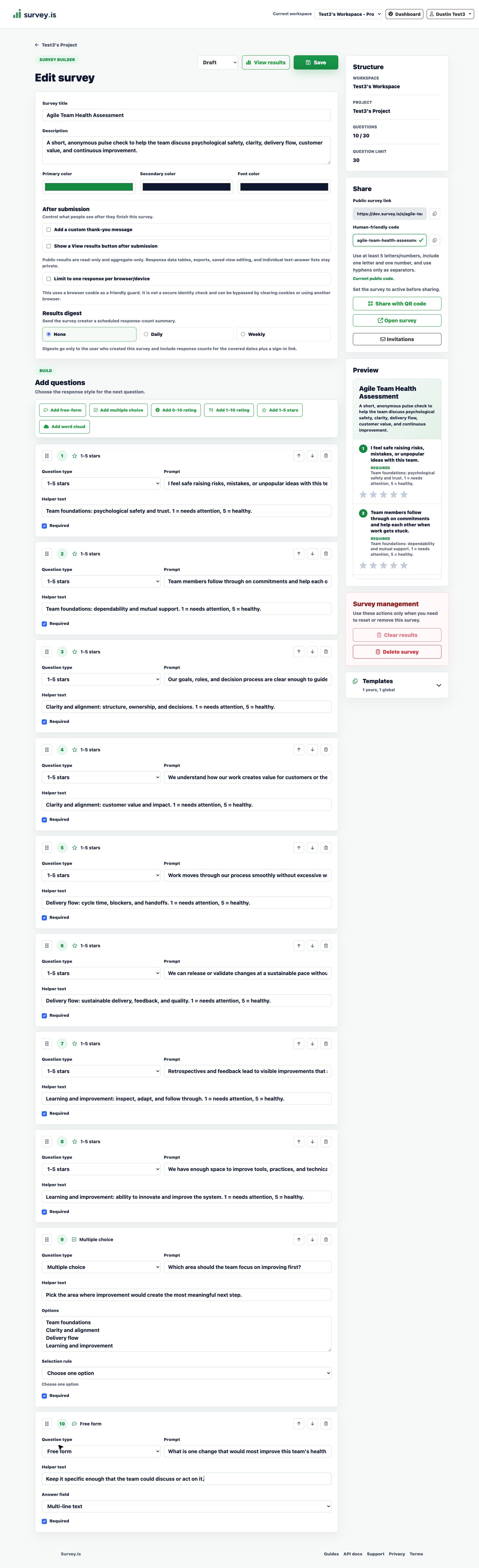 Survey builder with the full agile team health question set