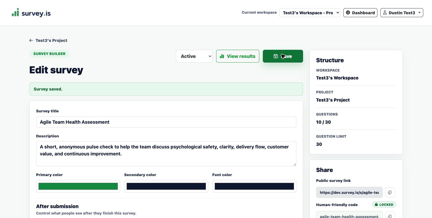 Survey builder status control set to active