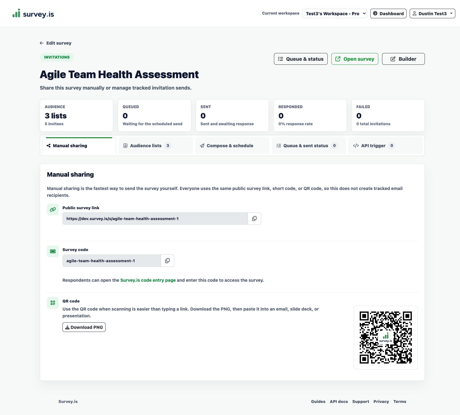 Manual sharing tab with public link, survey code, and QR code