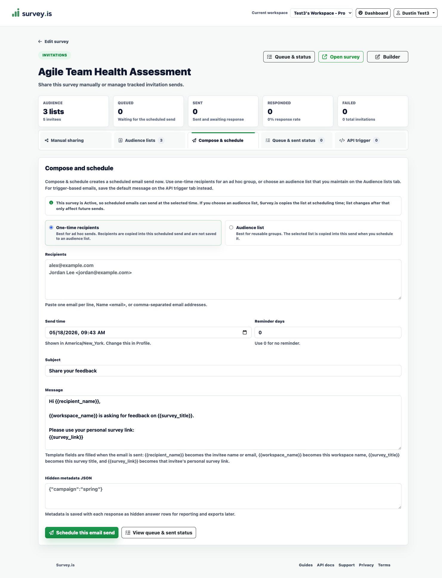 Compose and schedule tab for survey email invitations