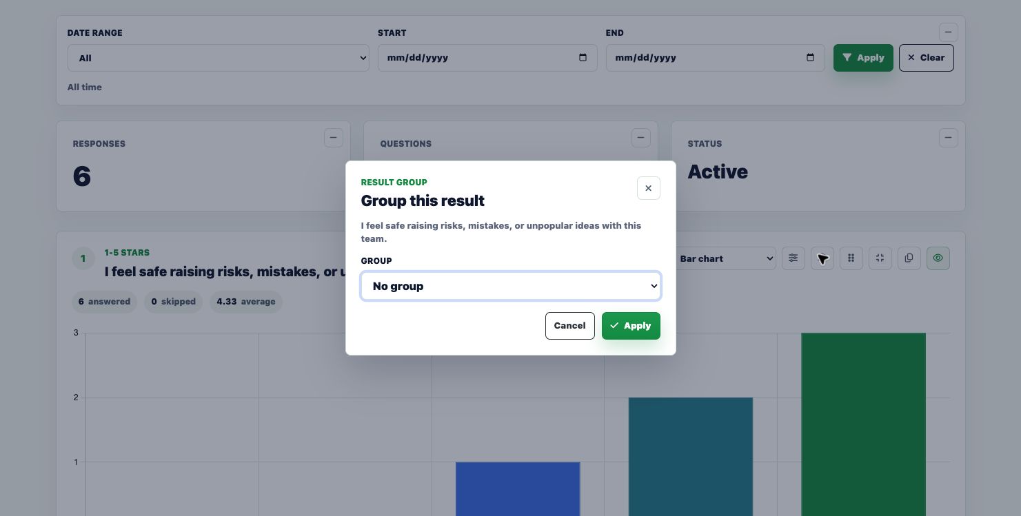 Group assignment menu for a results block