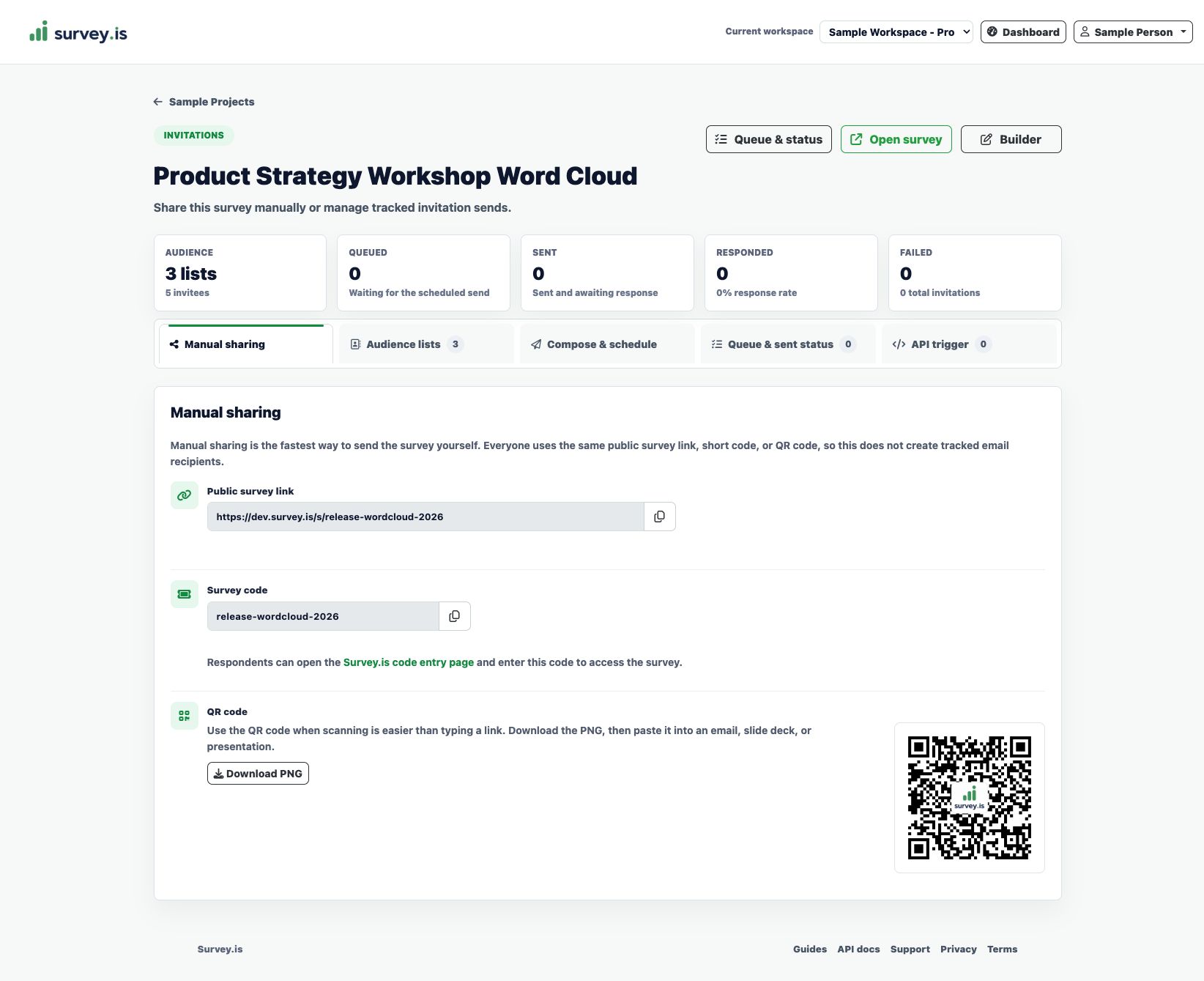 Survey.is manual sharing page showing the public link, short code, and QR code