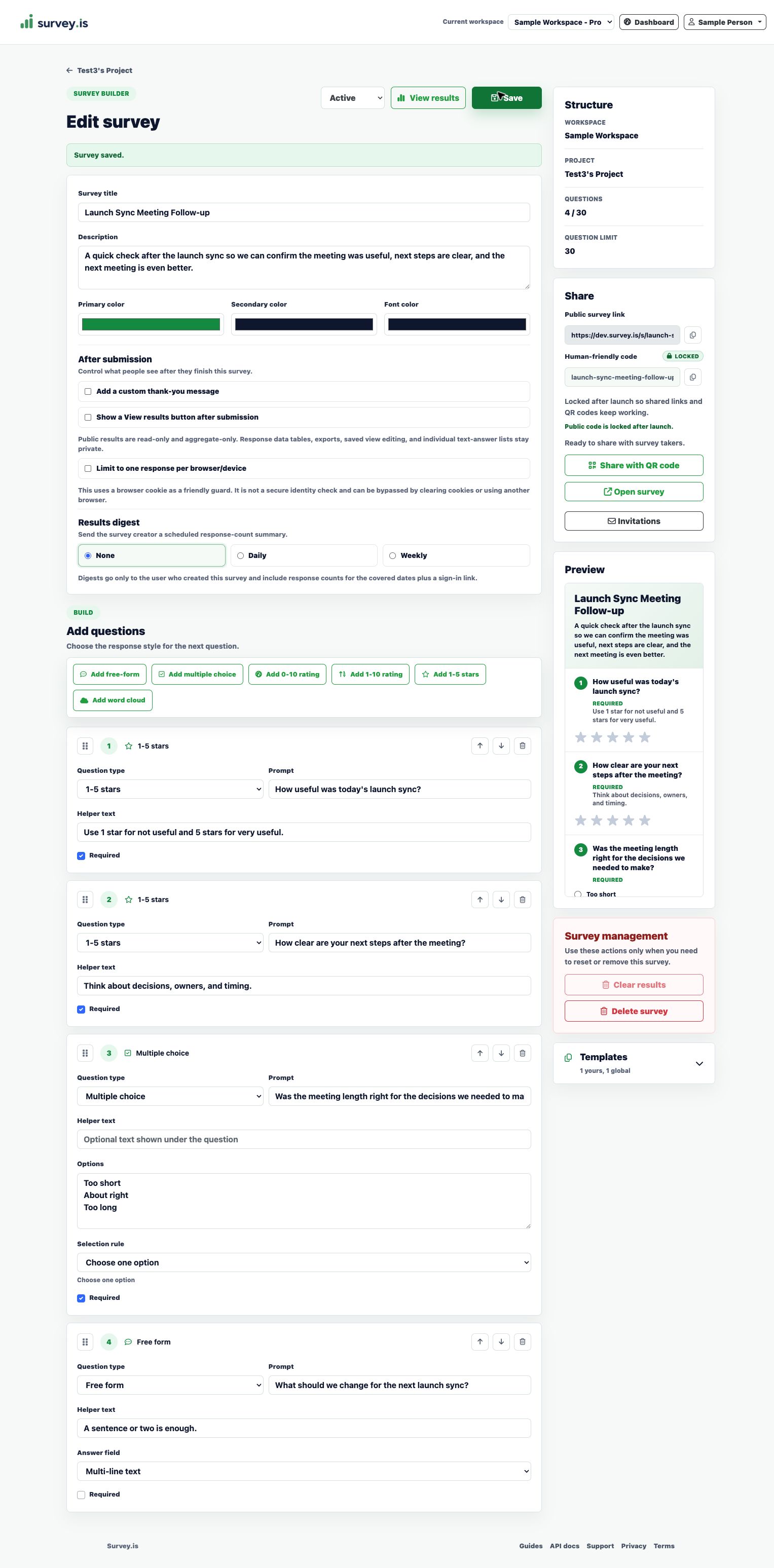 Survey.is builder showing a four-question launch sync meeting follow-up survey