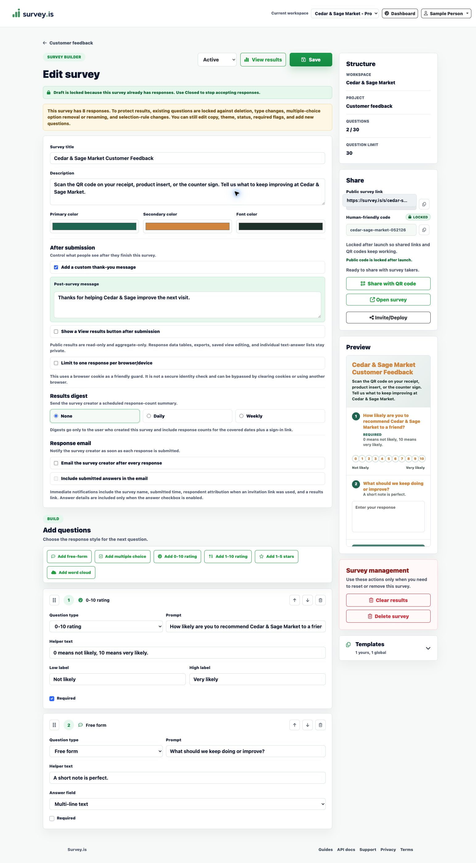 Survey.is builder showing an active Cedar and Sage customer feedback survey with QR sharing controls