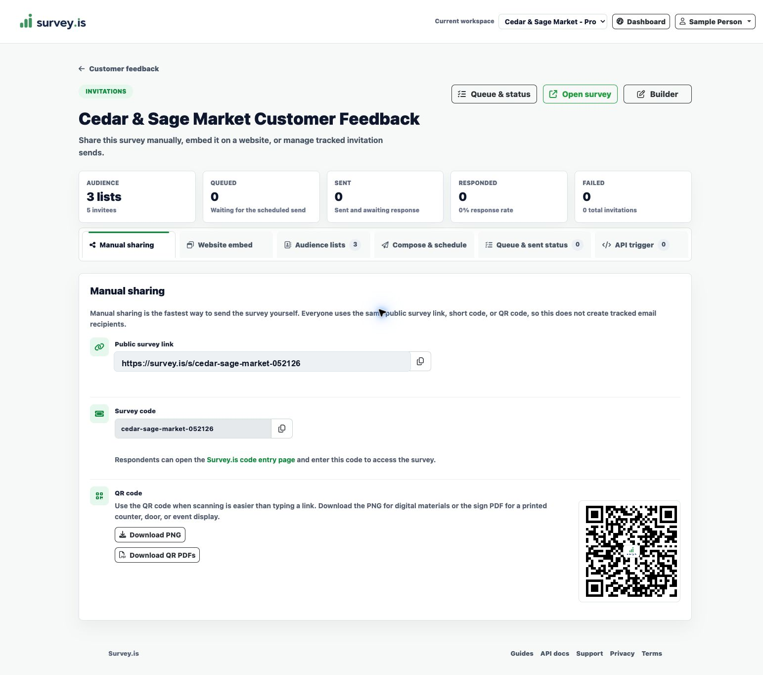 Survey.is manual sharing tab showing a public link, survey code, QR code, and Download QR PDFs button