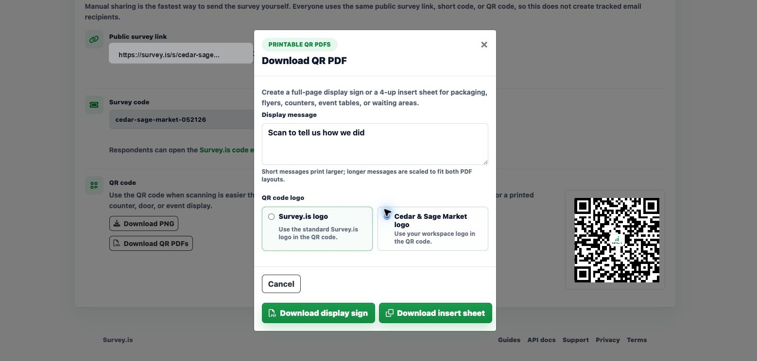 Survey.is Download QR PDF modal with display message, Survey.is logo option, workspace logo option, and download buttons