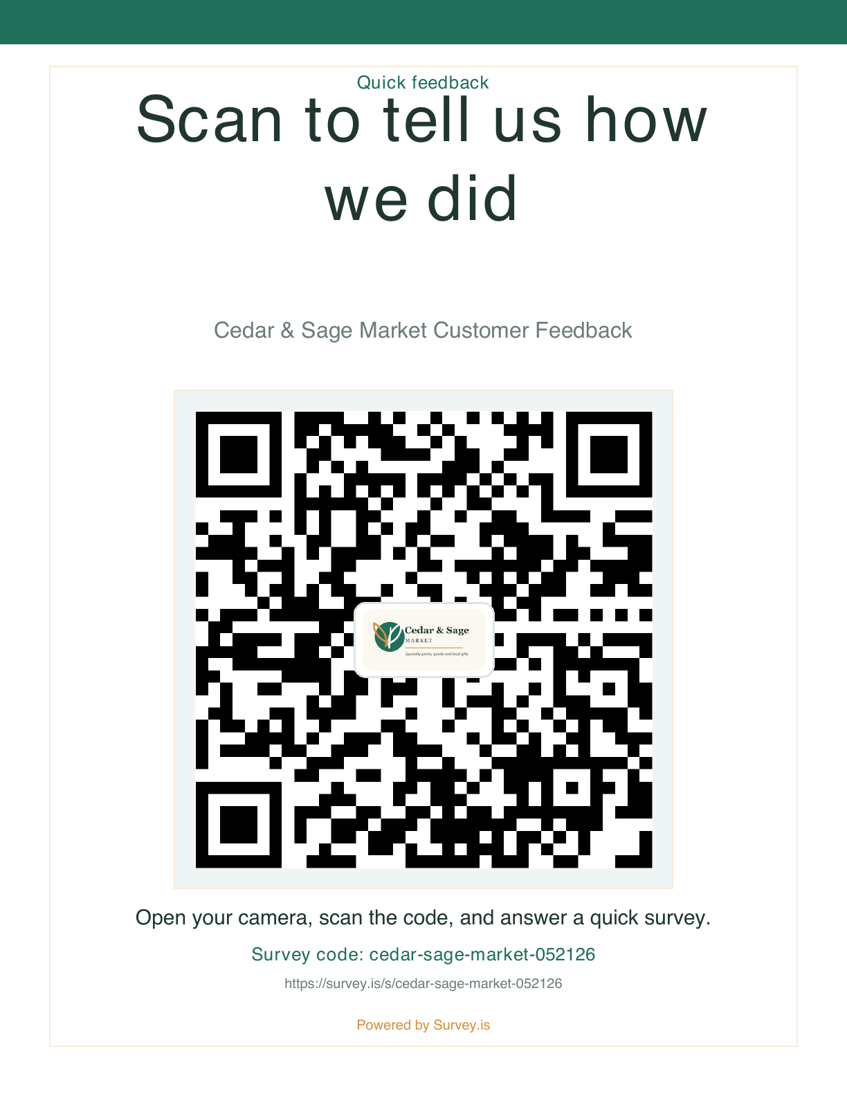 Full-page Survey.is QR-code display sign PDF for Cedar and Sage Market