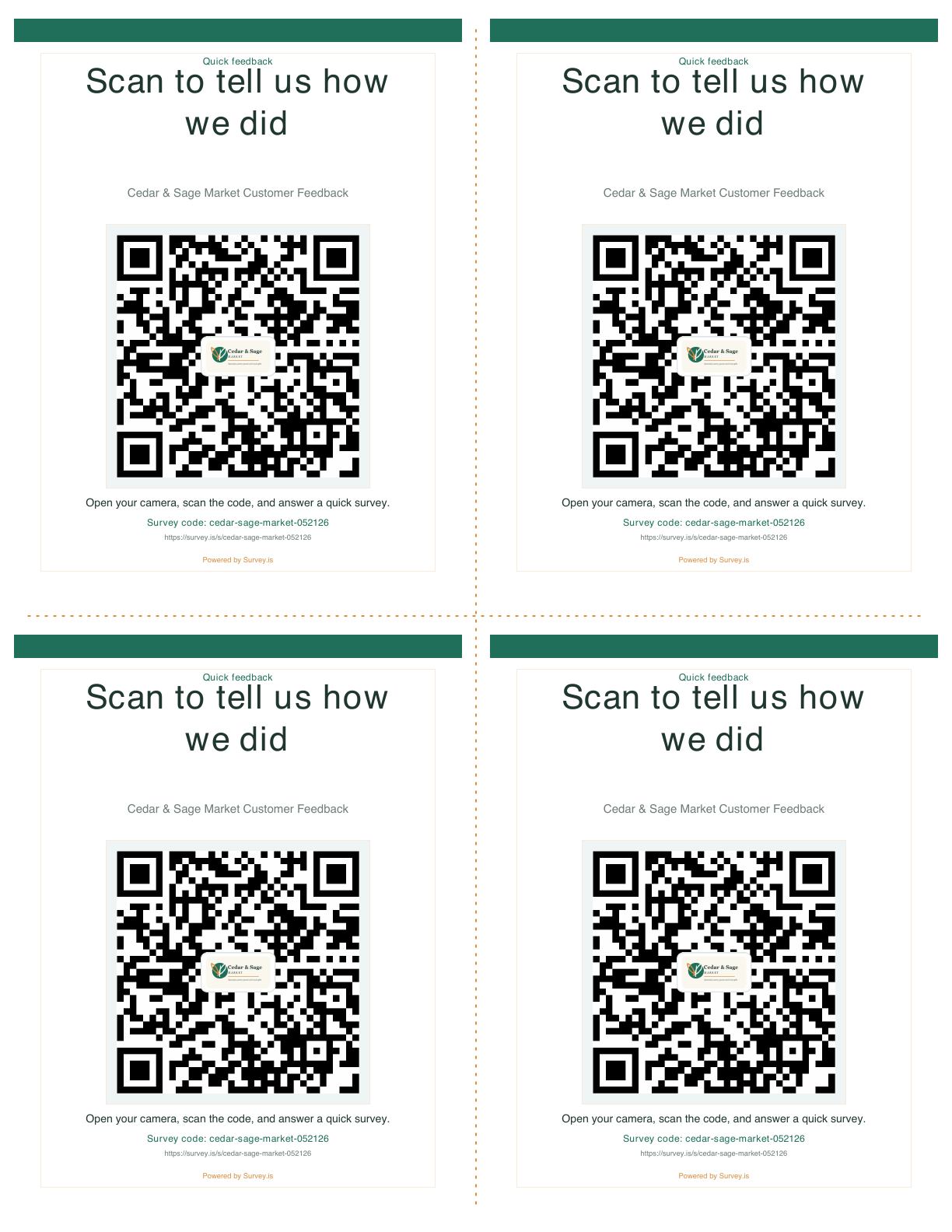 Four-up Survey.is QR-code product insert sheet PDF for Cedar and Sage Market