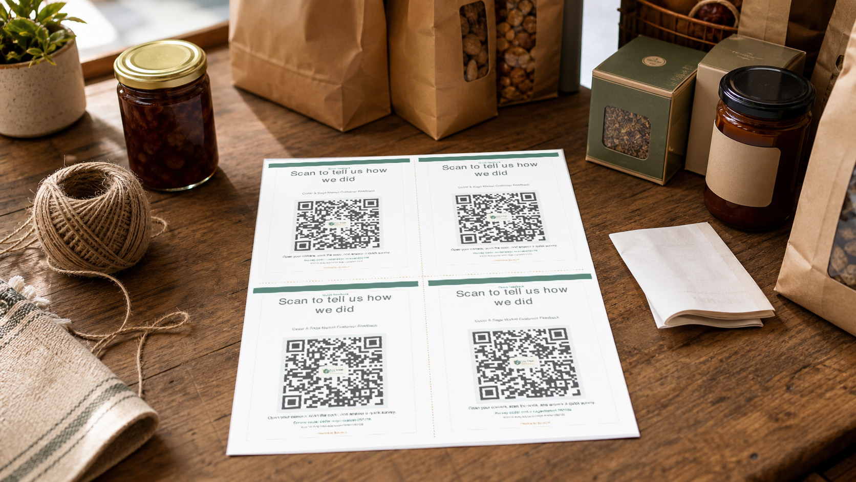 Product packing table with a Survey.is QR-code insert sheet printed for Cedar and Sage Market