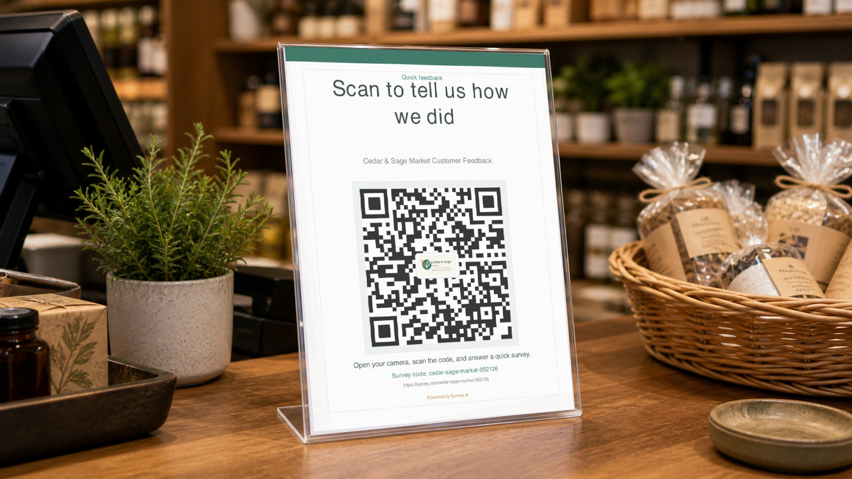 In-store counter sign showing a Survey.is QR-code PDF in an acrylic holder