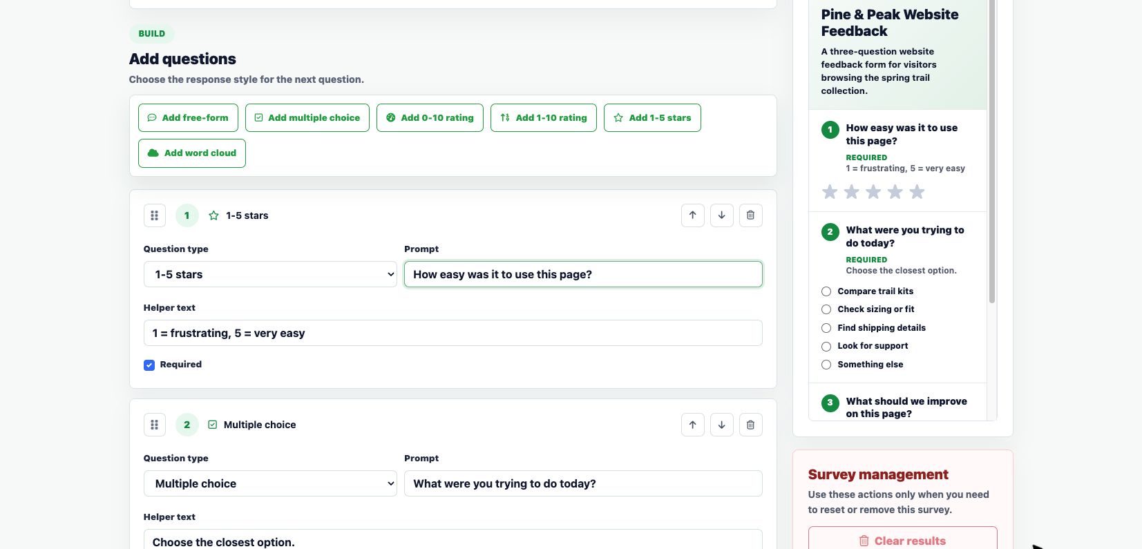 Survey.is builder showing a three-question website feedback survey