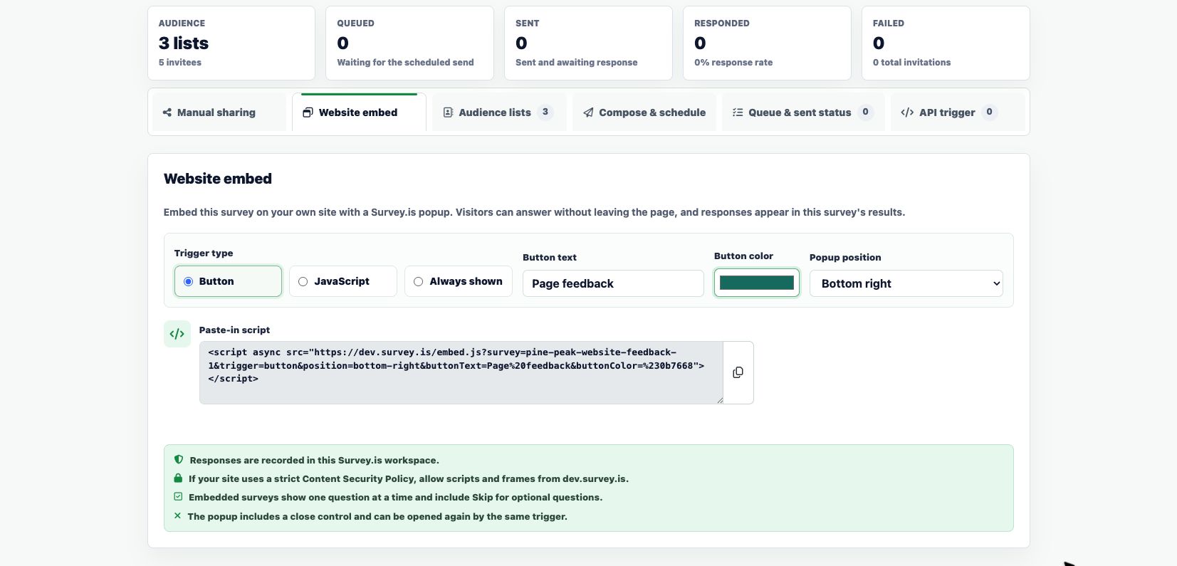 Survey.is Website embed tab showing Button trigger, button text, color, popup position, and generated paste-in script