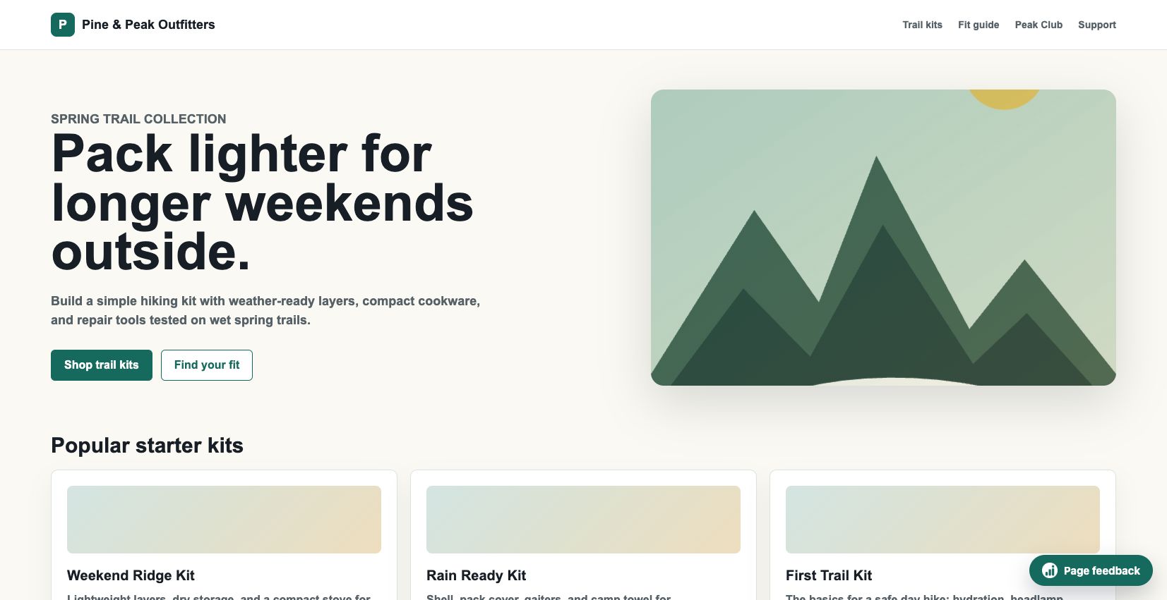 Fictional Pine and Peak Outfitters website with a Survey.is Page feedback button in the bottom right