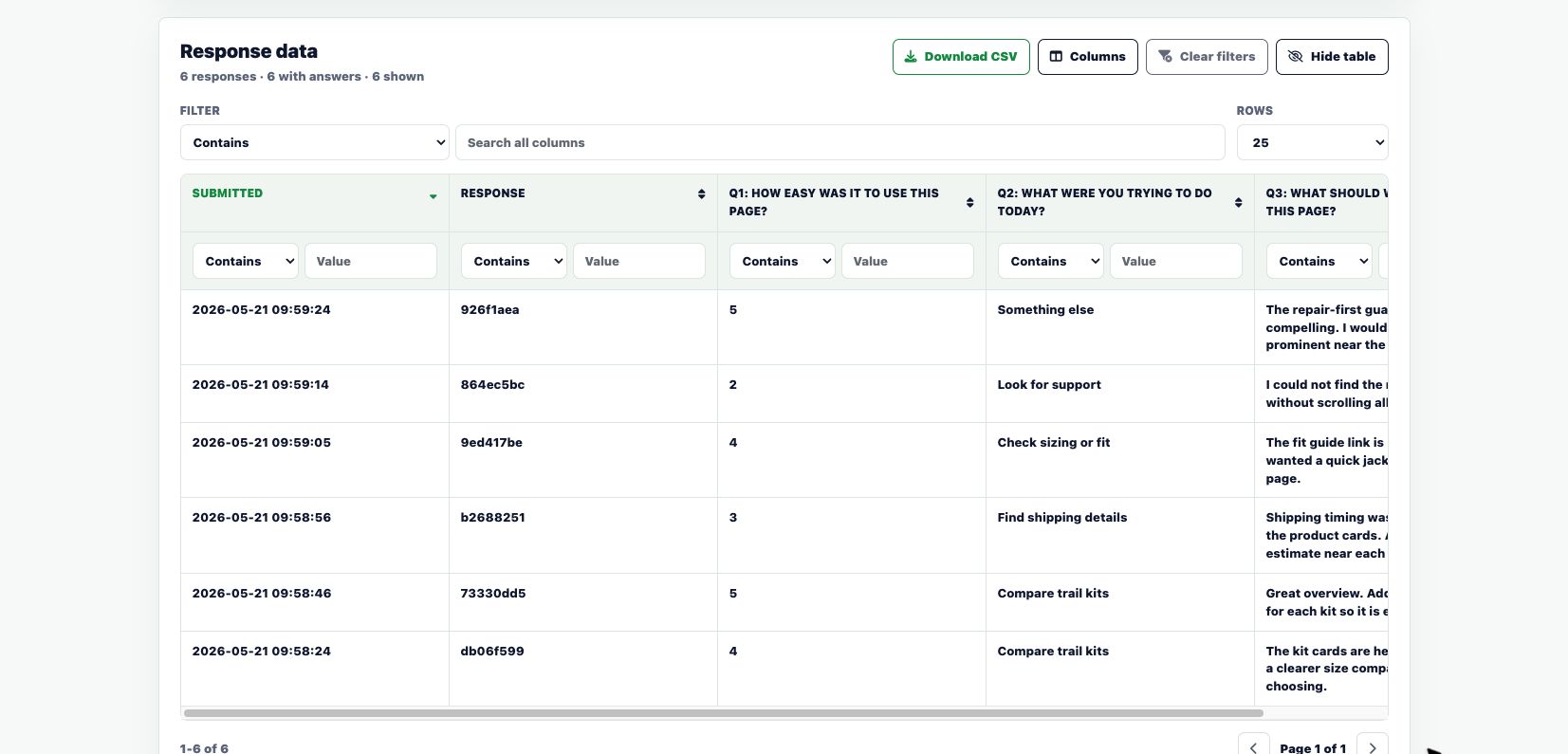 Survey.is Response data table showing embedded website feedback responses